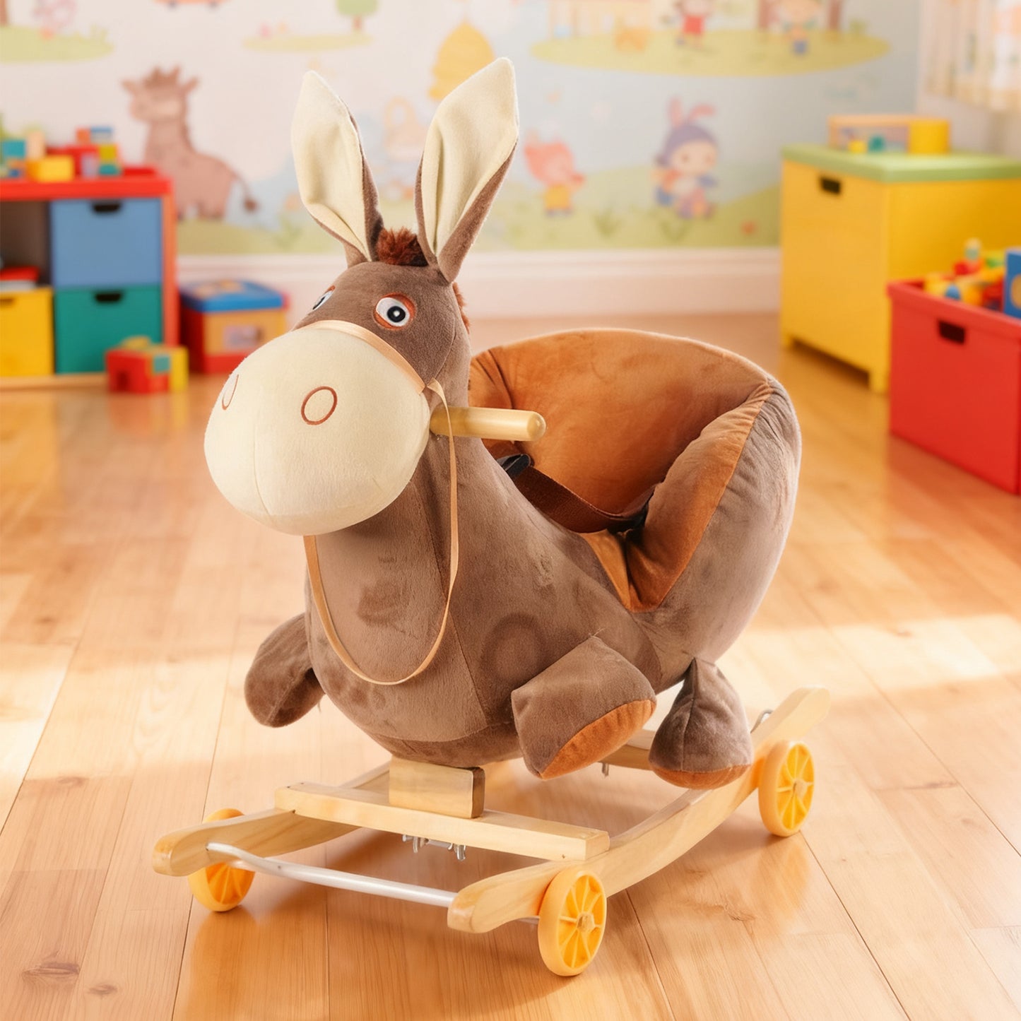 Jessruly® Cheval à Bascule Âne en Peluche – Jouet à Bascule Doux avec Cadre en Bois, Design Licorne Magique pour Jeu Imaginatif