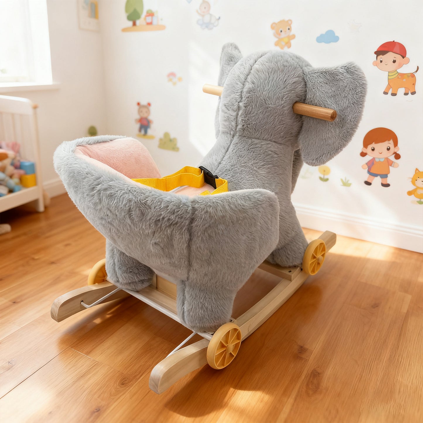 Jessruly® Cheval à Bascule Éléphant en Peluche – Jouet à Bascule Doux avec Cadre en Bois, Design Licorne Magique pour Jeu Imaginatif