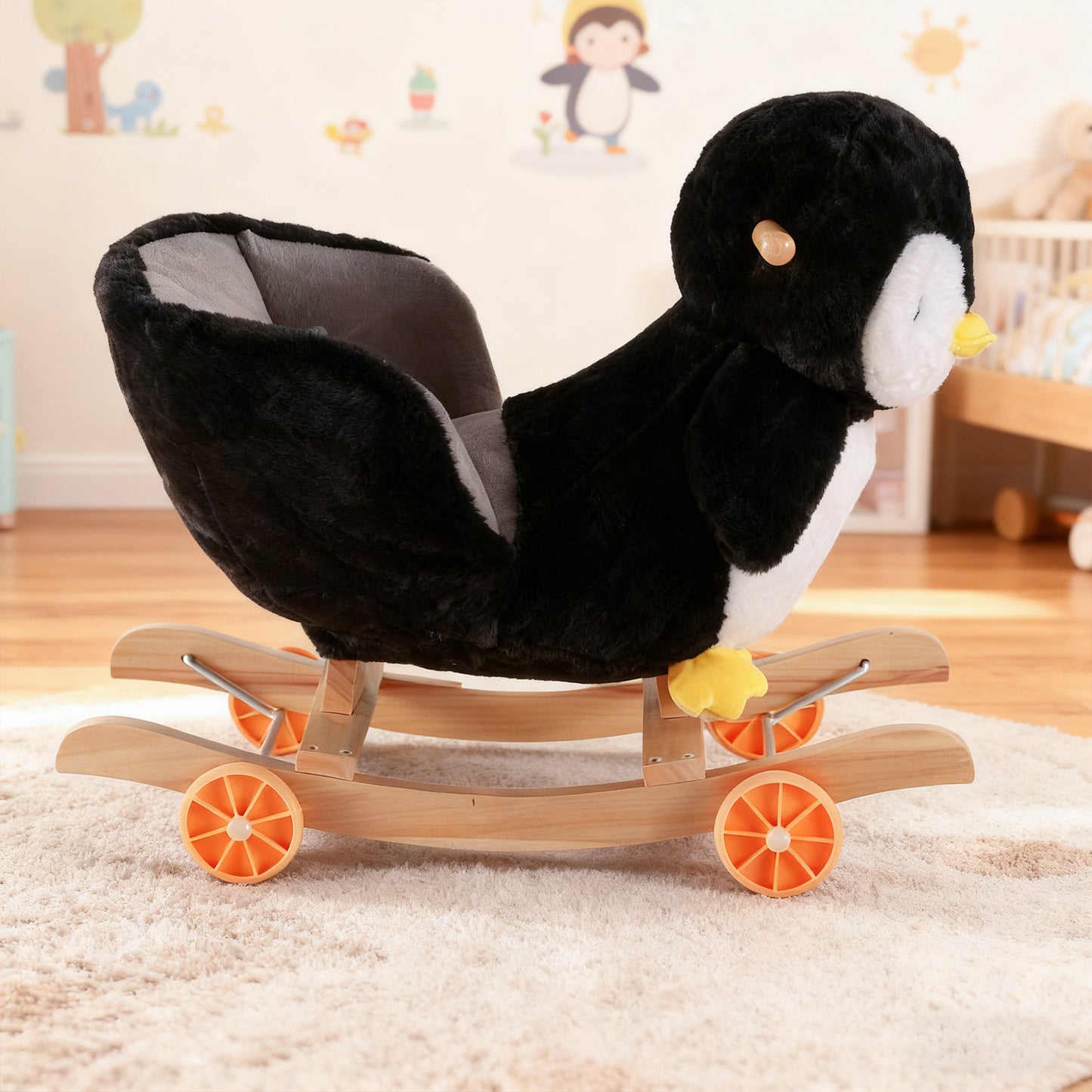 Jessruly® Cheval à Bascule en Peluche Pingouin – Bascule Douce à Chevaucher avec Cadre en Bois, Design Licorne Magique pour un Jeu Imaginatif