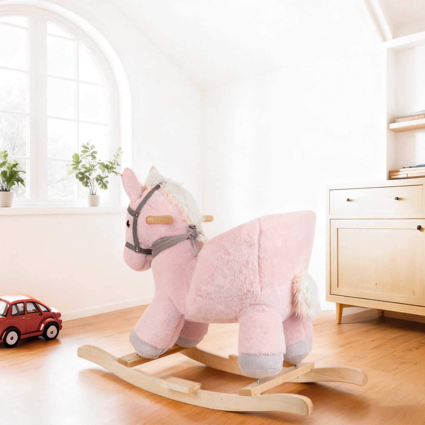 Jessruly® Cheval à Bascule Licorne Rose en Peluche – Siège Confortable avec Cadre en Bois, Design Licorne Magique pour Jeu Imaginatif