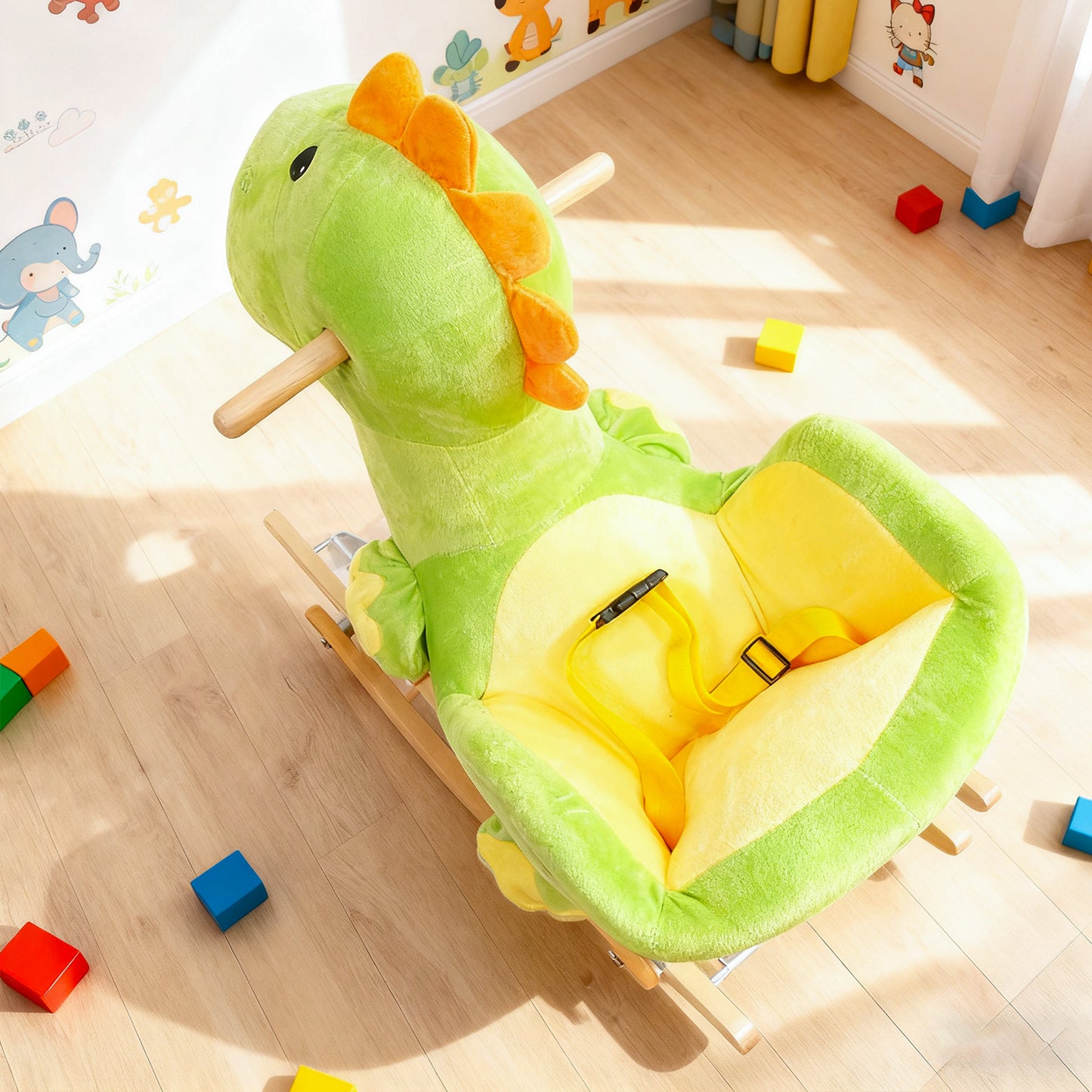 Cheval à Bascule Dinosaure en Peluche Jessruly® – Bascule Douce avec Cadre en Bois, Design Licorne Magique pour Jeu Imaginatif