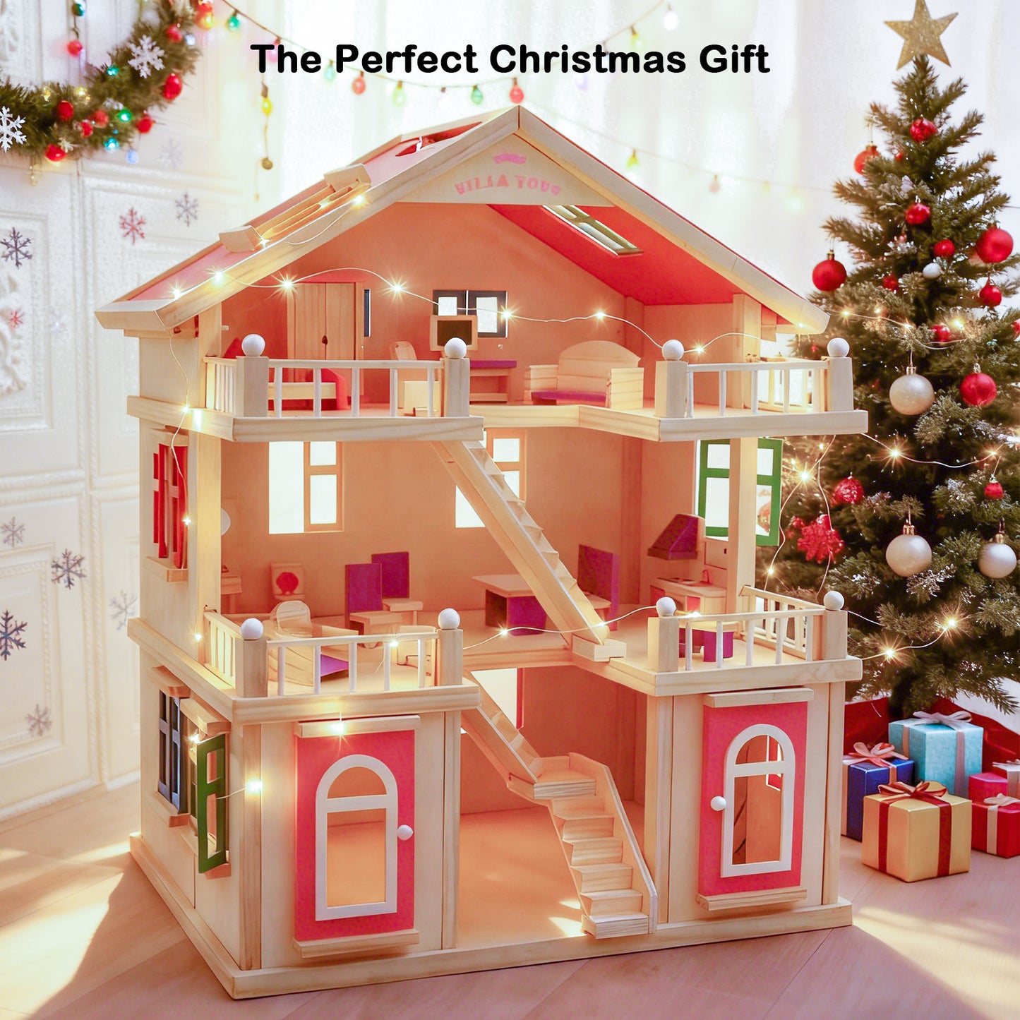 Jessruly® Dream House – Spacious 3-Story Wooden Dollhouse with Realistic Rooms & Furniture, Non-Toxic Water-Based Paint, Durable Beech Wood Construction