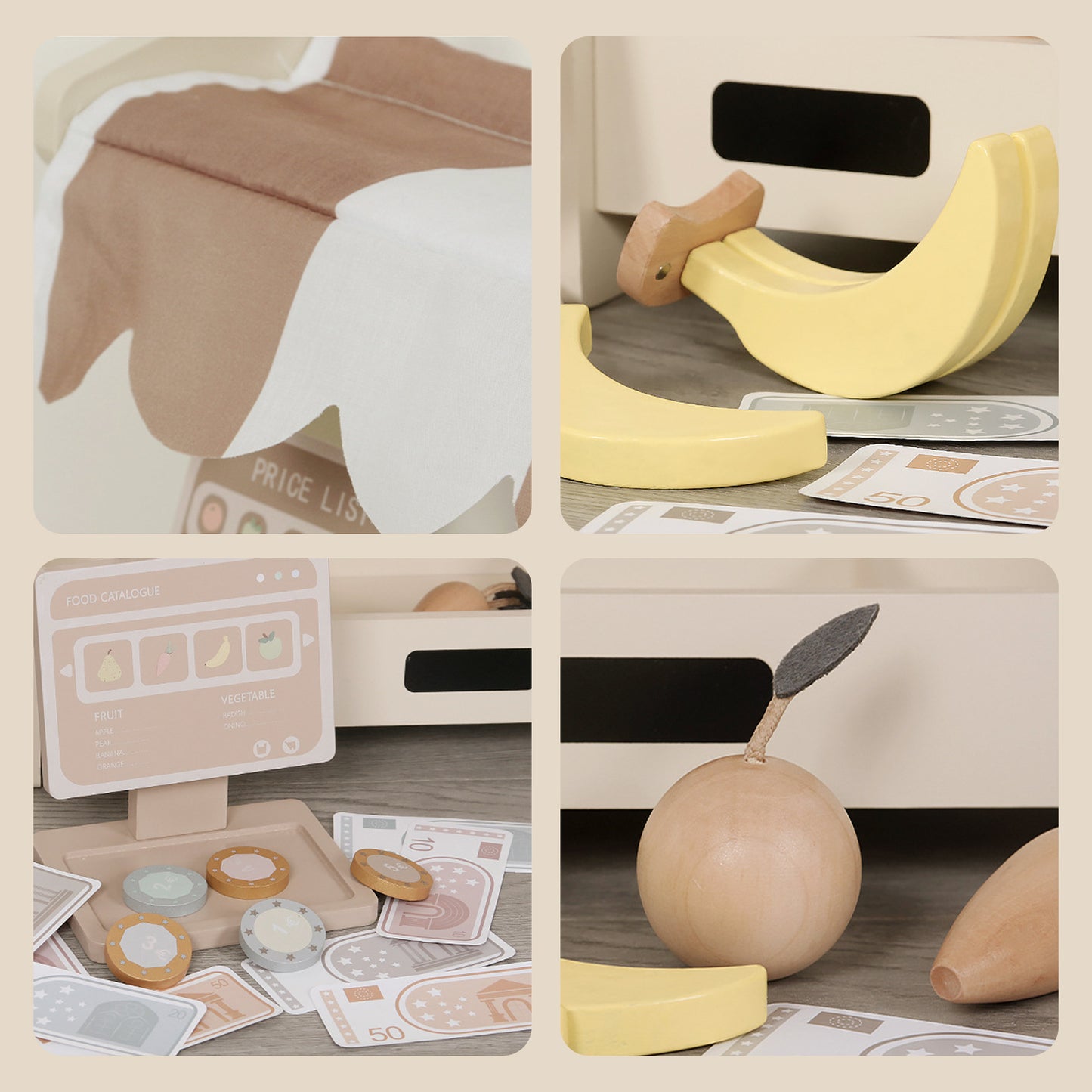 Jessruly® Grocery Store Pretend Play Set – Interactive Supermarket Playset with Wooden Fruits & Play Money, Compact 2-Tier Design for Imaginative Play