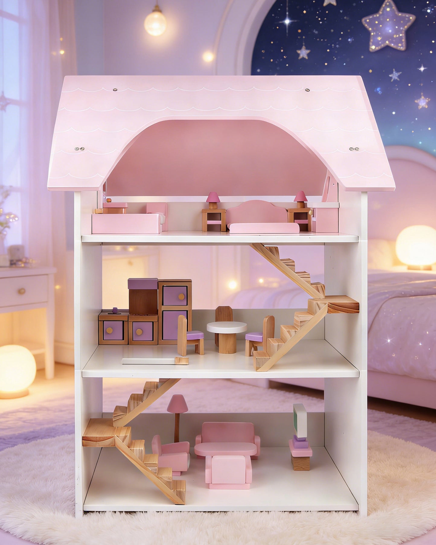 Jessruly® Wooden 3-Story Dollhouse – DIY Tiny House Playset with Multi-Room Layout, Imaginative Playhouse for Creative Storytelling & Pretend Play