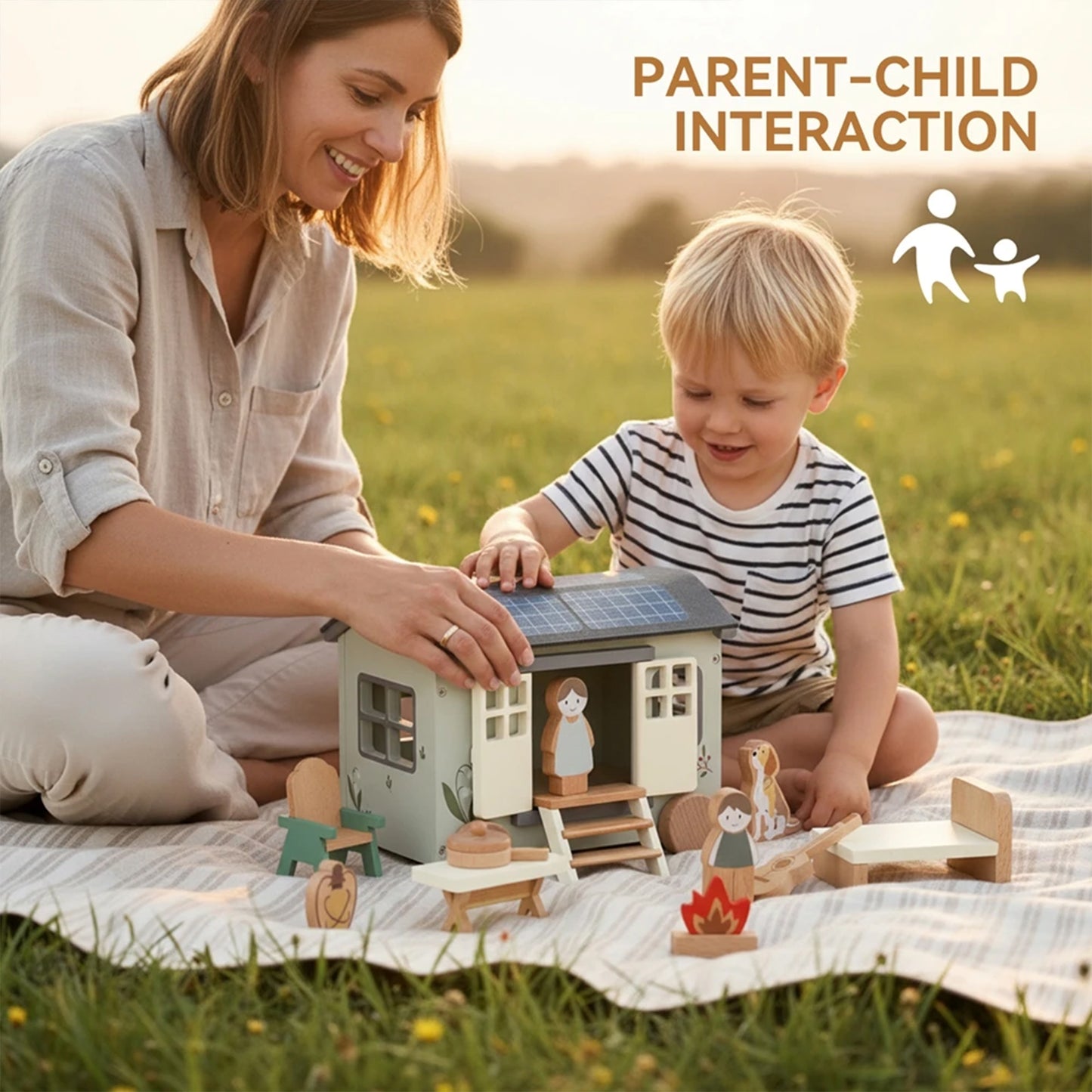 Jessruly® Ensemble de meubles en bois pour maison de poupée – Accessoires de maison de poupée de qualité supérieure avec design de véhicule de camping, ensemble de jeu créatif inspiré de Montessori pour des scènes imaginatives