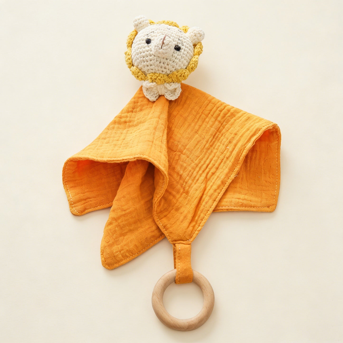Jessruly® Doudou en mousseline de coton biologique – Couverture douce et réconfortante avec animal en crochet et anneau de dentition en bois, adorable jouet sensoriel et compagnon apaisant