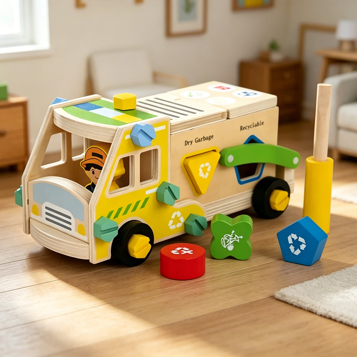 Jessruly® Firefighter Wooden Play Set – Little People Fire Truck Ride-On with Building Blocks & Painting Activity