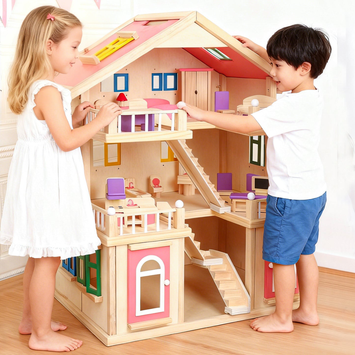 Jessruly® Dream House – Spacious 3-Story Wooden Dollhouse with Realistic Rooms & Furniture, Non-Toxic Water-Based Paint, Durable Beech Wood Construction