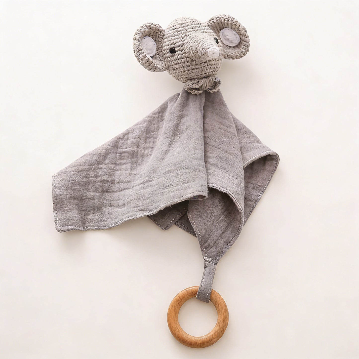 Jessruly® Doudou en mousseline de coton biologique – Couverture douce et réconfortante avec animal en crochet et anneau de dentition en bois, adorable jouet sensoriel et compagnon apaisant