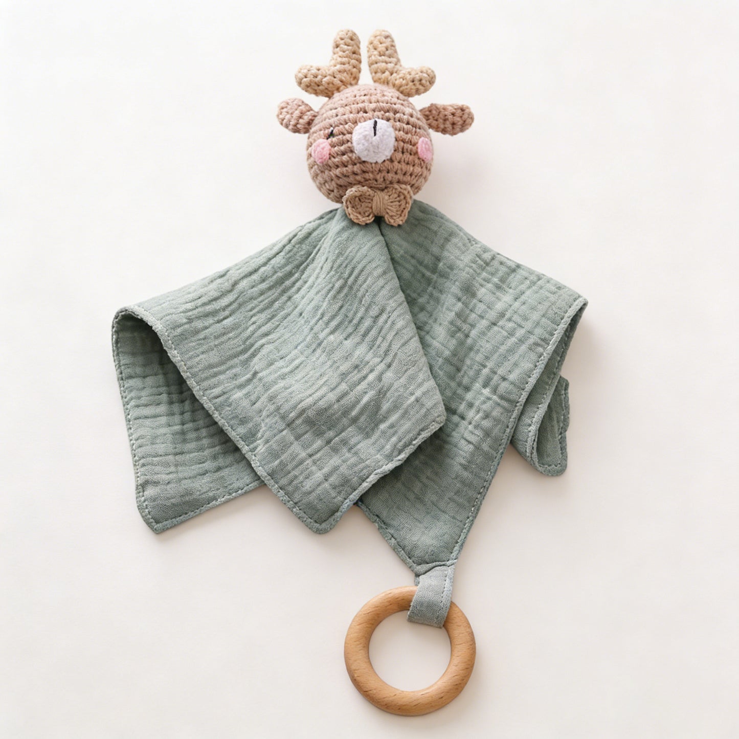 Jessruly® Doudou en mousseline de coton biologique – Couverture douce et réconfortante avec animal en crochet et anneau de dentition en bois, adorable jouet sensoriel et compagnon apaisant