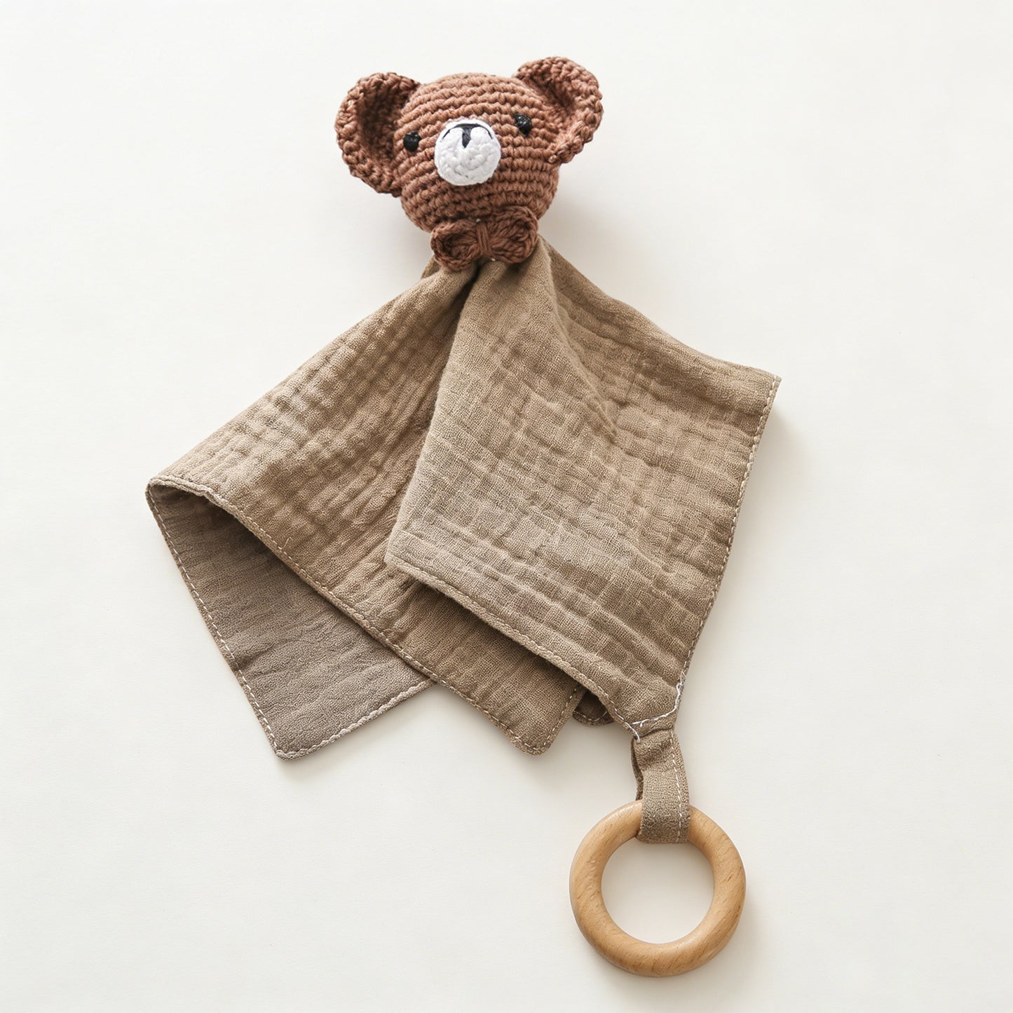 Jessruly® Doudou en mousseline de coton biologique – Couverture douce et réconfortante avec animal en crochet et anneau de dentition en bois, adorable jouet sensoriel et compagnon apaisant