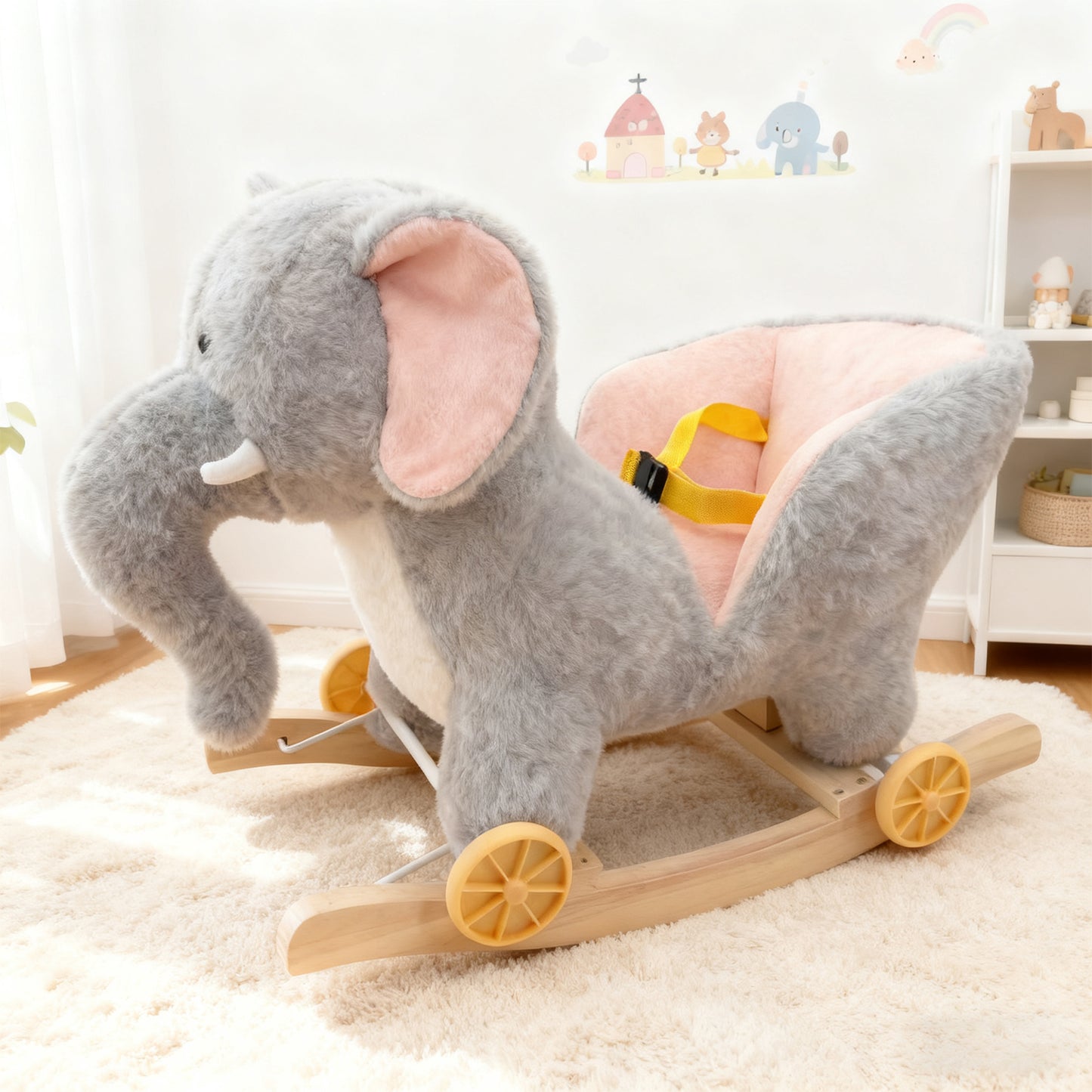 Jessruly® Cheval à Bascule Éléphant en Peluche – Jouet à Bascule Doux avec Cadre en Bois, Design Licorne Magique pour Jeu Imaginatif