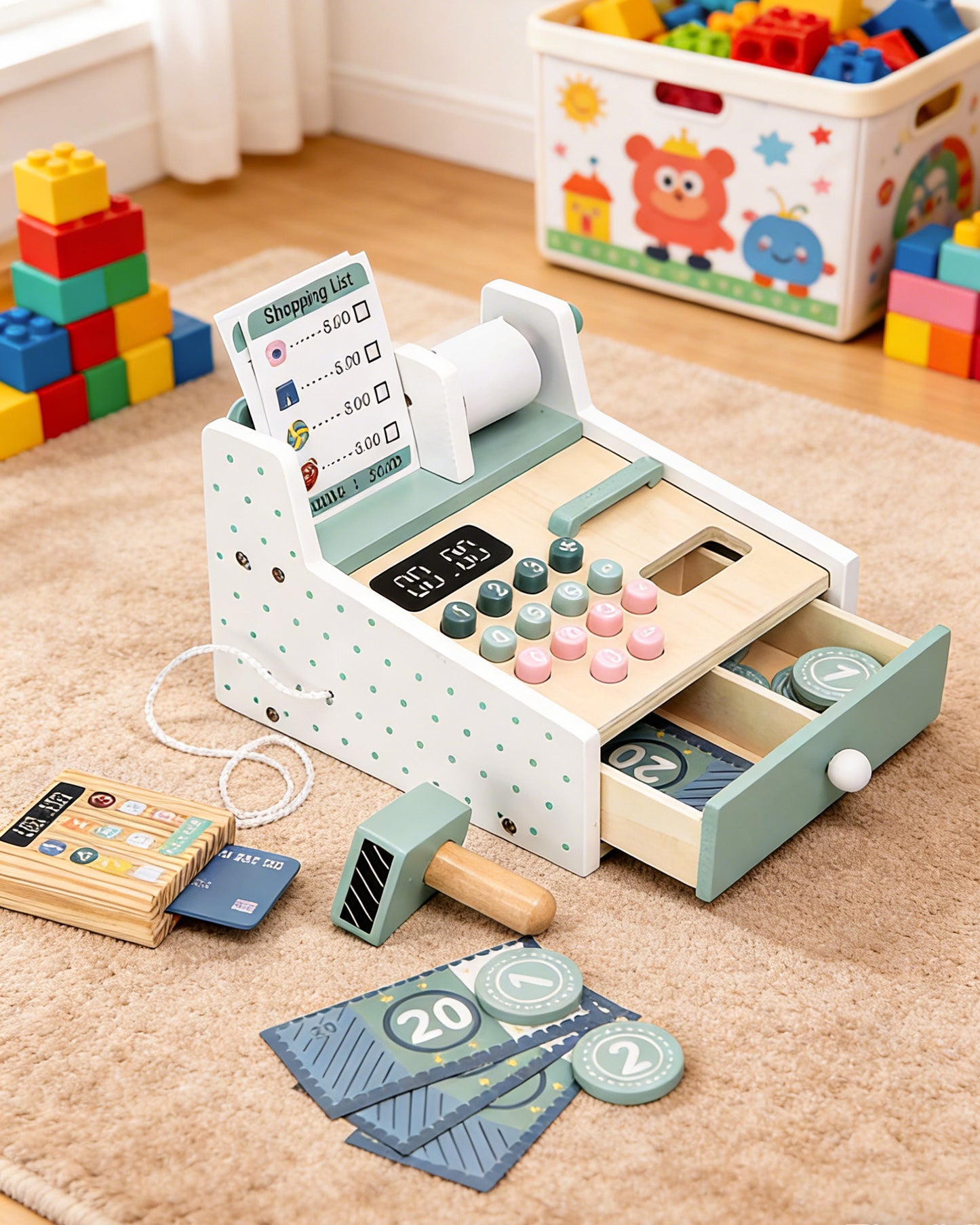Jessruly® Wooden Cash Register Play Set – Pretend Checkout Counter with Scanner & Play Money, Educational Grocery Store Role-Play and Learning Toy