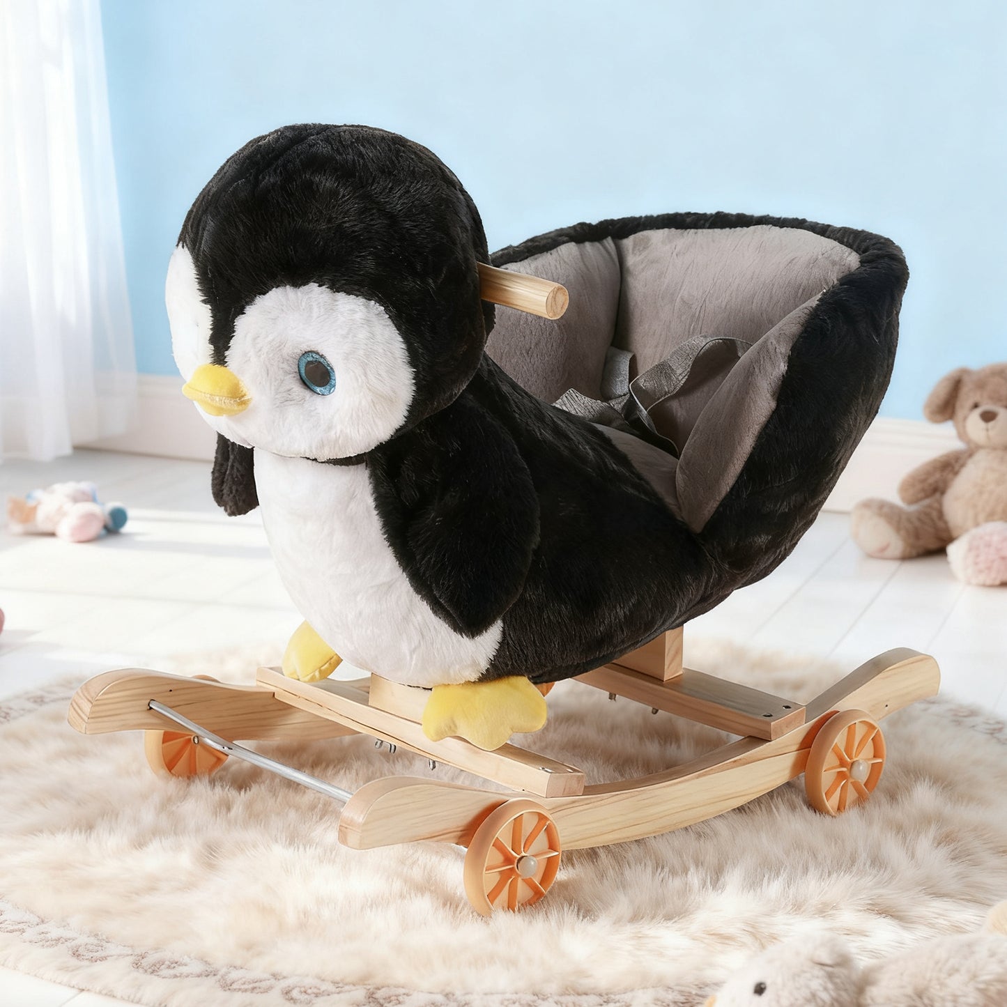 Jessruly® Cheval à Bascule en Peluche Pingouin – Bascule Douce à Chevaucher avec Cadre en Bois, Design Licorne Magique pour un Jeu Imaginatif