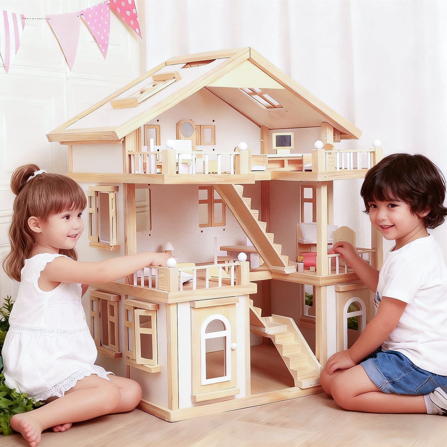 Jessruly® Dream House – Spacious 3-Story Wooden Dollhouse with Realistic Rooms & Furniture, Non-Toxic Water-Based Paint, Durable Beech Wood Construction
