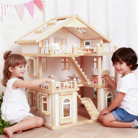 Jessruly® Dream House – Spacious 3-Story Wooden Dollhouse with Realistic Rooms & Furniture, Non-Toxic Water-Based Paint, Durable Beech Wood Construction
