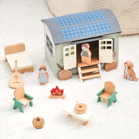 Jessruly® Ensemble de meubles en bois pour maison de poupée – Accessoires de maison de poupée de qualité supérieure avec design de véhicule de camping, ensemble de jeu créatif inspiré de Montessori pour des scènes imaginatives