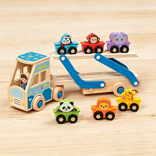 Jessruly® Wooden Car Carrier Set – Double-Decker Truck with Ramp