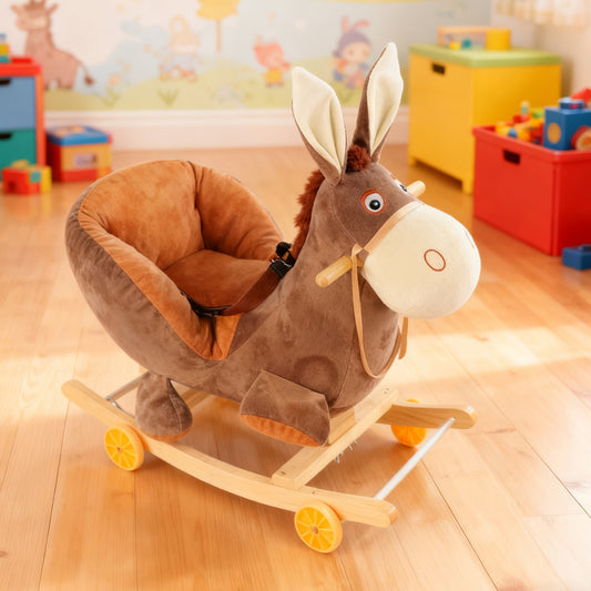 Jessruly® Cheval à Bascule Âne en Peluche – Jouet à Bascule Doux avec Cadre en Bois, Design Licorne Magique pour Jeu Imaginatif