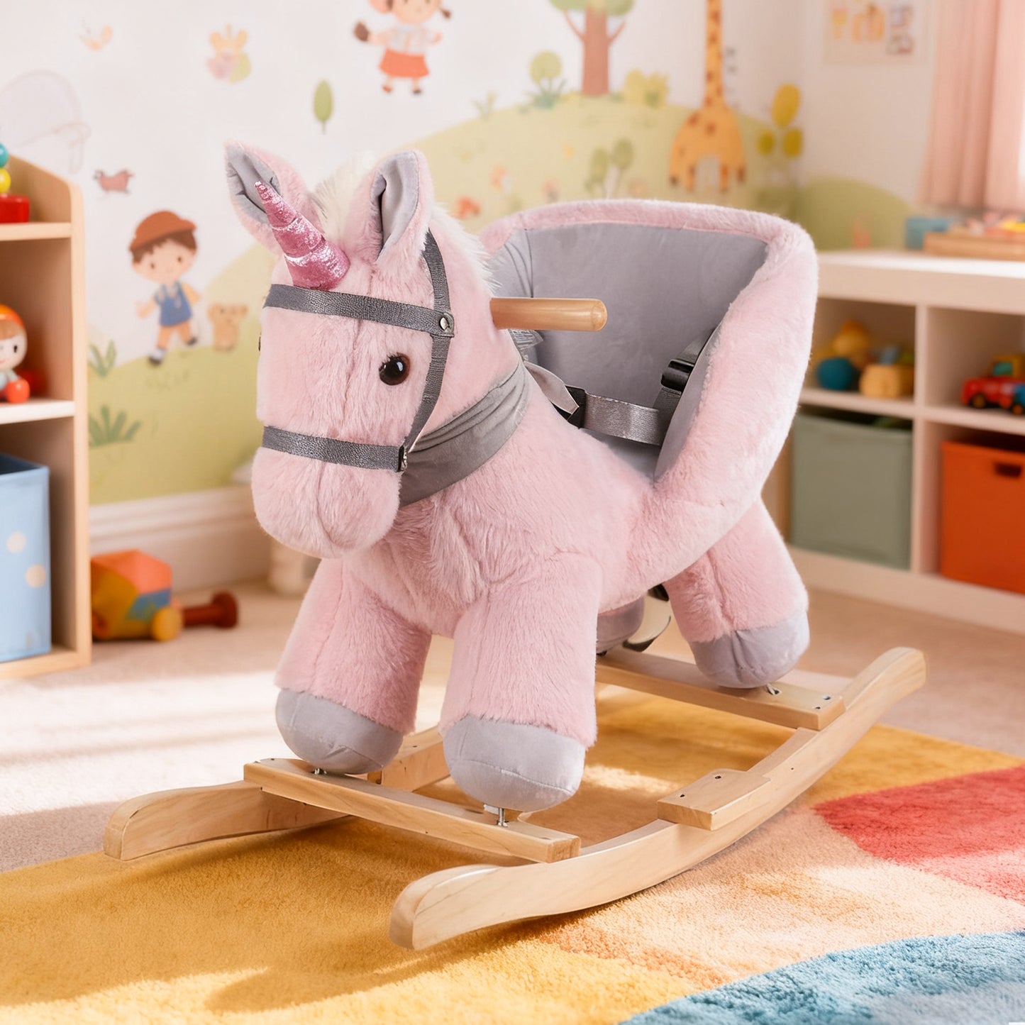 Jessruly® Cheval à Bascule Licorne Rose en Peluche – Siège Confortable avec Cadre en Bois, Design Licorne Magique pour Jeu Imaginatif