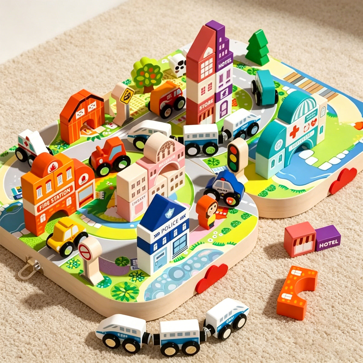 Jessruly® Wooden Building Blocks Set – City & Train Architecture Kit with Magnetic Storage Box