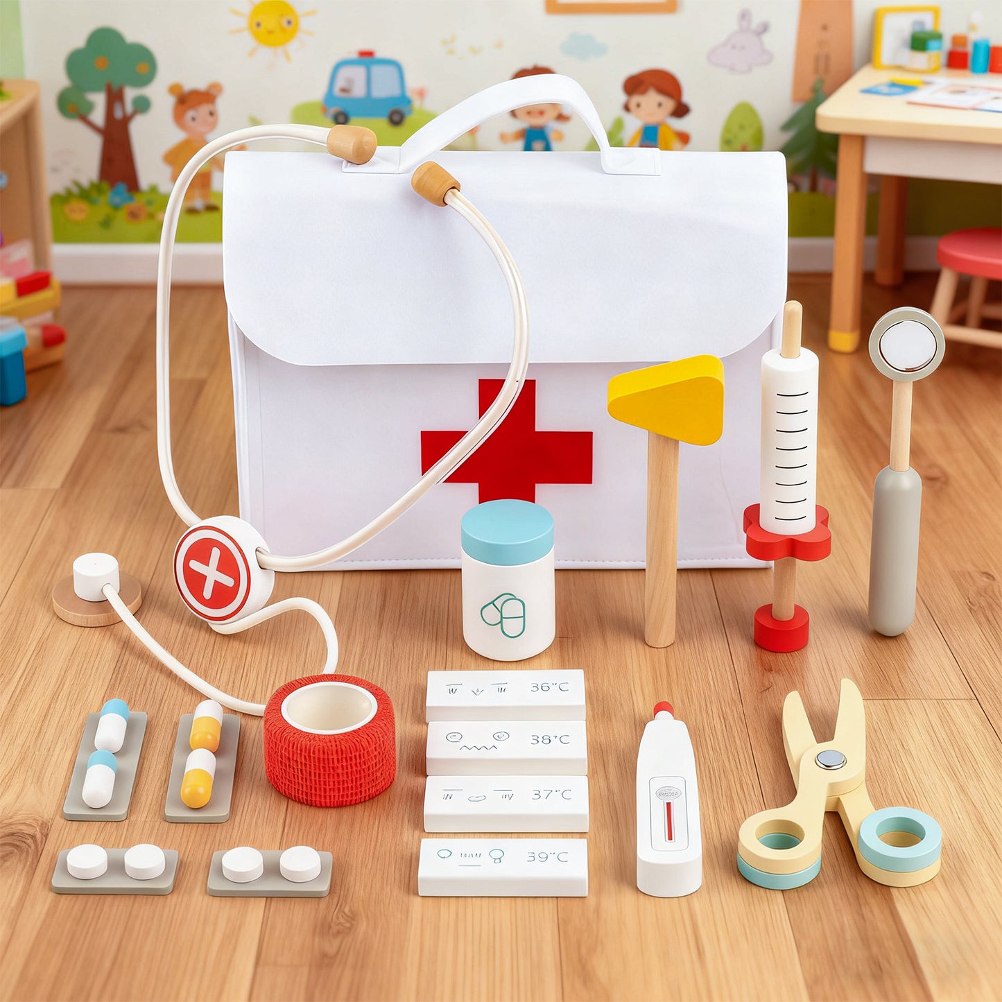 Jessruly® Kit de docteur en bois – Trousse médicale réaliste avec accessoires complets et sac de rangement, jeu de rôle amusant et éducatif