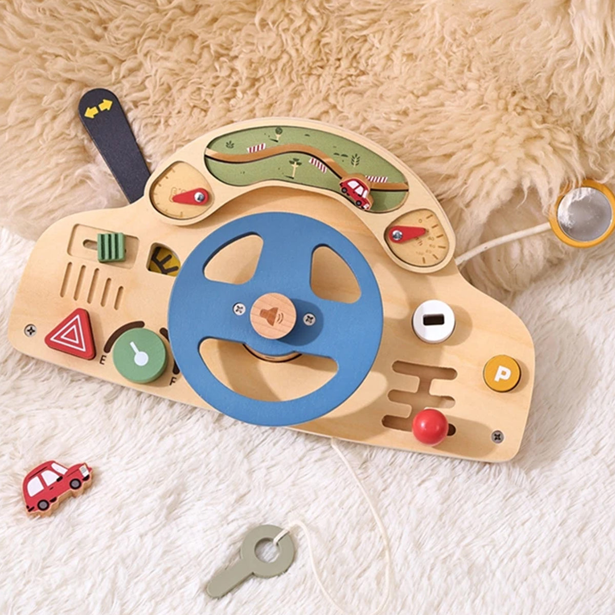 Jessruly® Montessori Busy Board – Wooden Steering Wheel Sensory Board with Push-Peel Fidget Elements