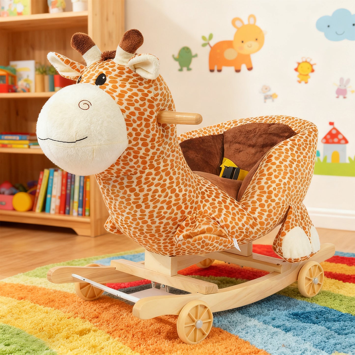 Jessruly® Girafe à bascule en peluche – Cheval à bascule doux avec cadre en bois, motif licorne magique pour un jeu imaginatif