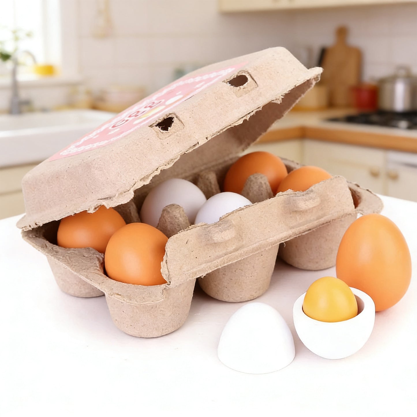 Jessruly® Wooden Play Food Set – 6pcs Realistic Kitchen Accessories, Fake Eggs with Yolk for Pretend Play, Montessori Imaginative Toy