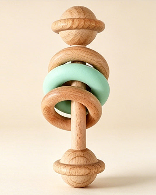 Jessruly® Natural Wooden Rattle – Sensory Silicone-Ring Teether & Grasping Toy