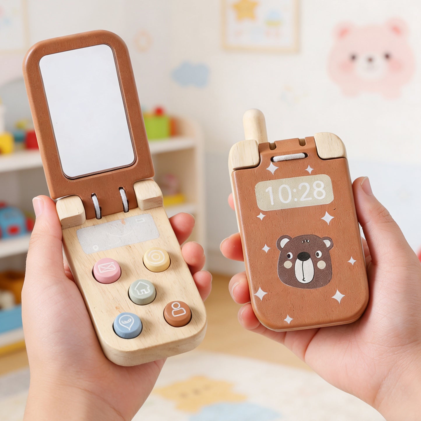 Téléphone à clapet Jessruly® – Téléphone de jeu interactif avec miroir, touches d'apprentissage Montessori et design sensoriel pour le jeu imaginatif