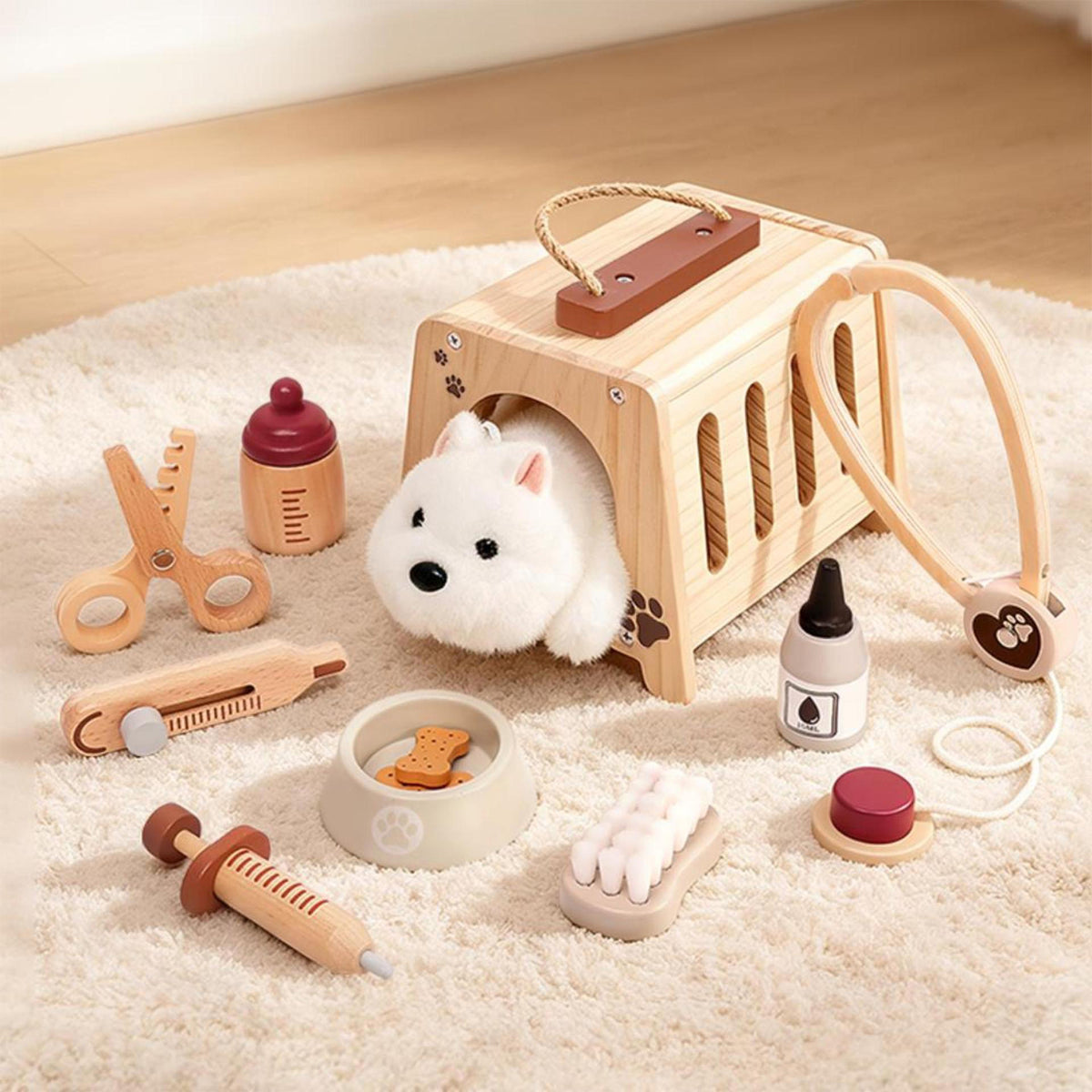 Jessruly® Pretend Play Vet Kit – Wooden & Plush Veterinary Set with Stethoscope