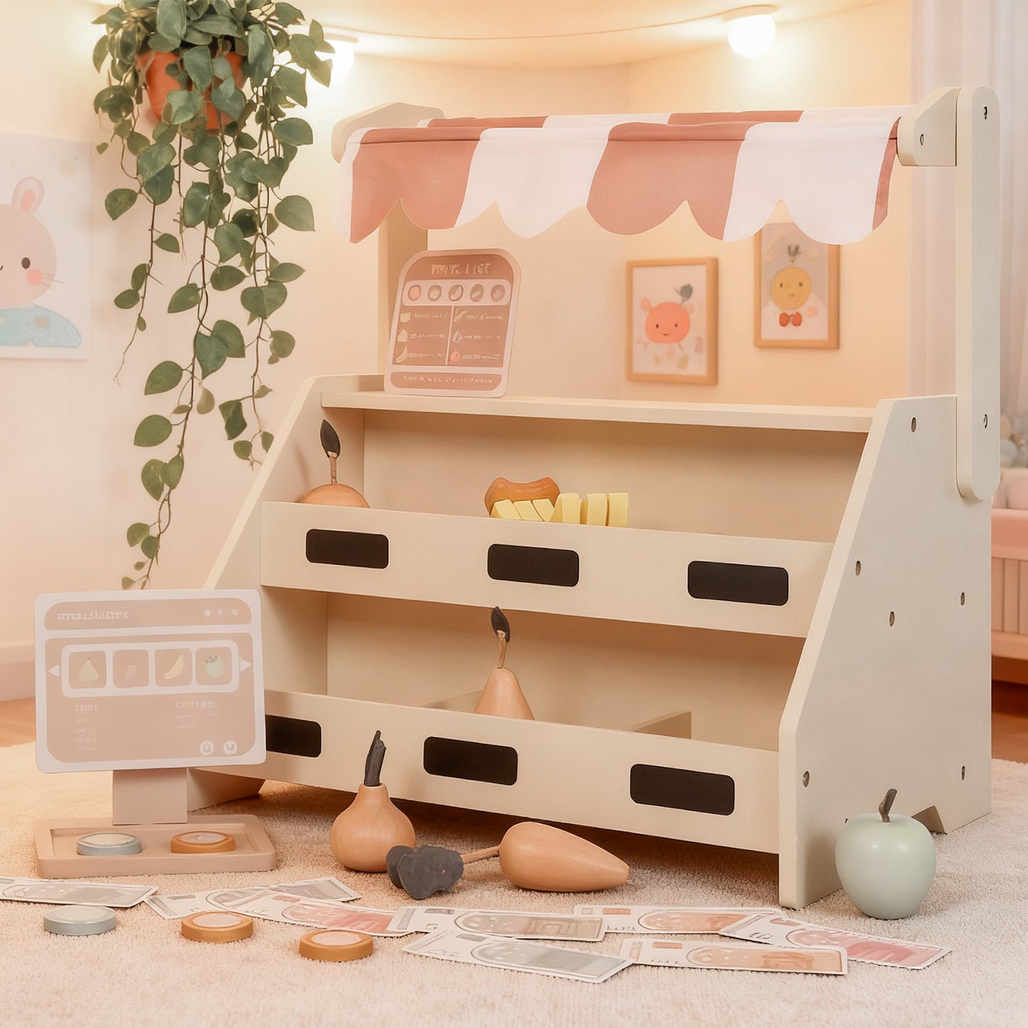 Jessruly® Grocery Store Pretend Play Set – Interactive Supermarket Playset with Wooden Fruits & Play Money, Compact 2-Tier Design for Imaginative Play