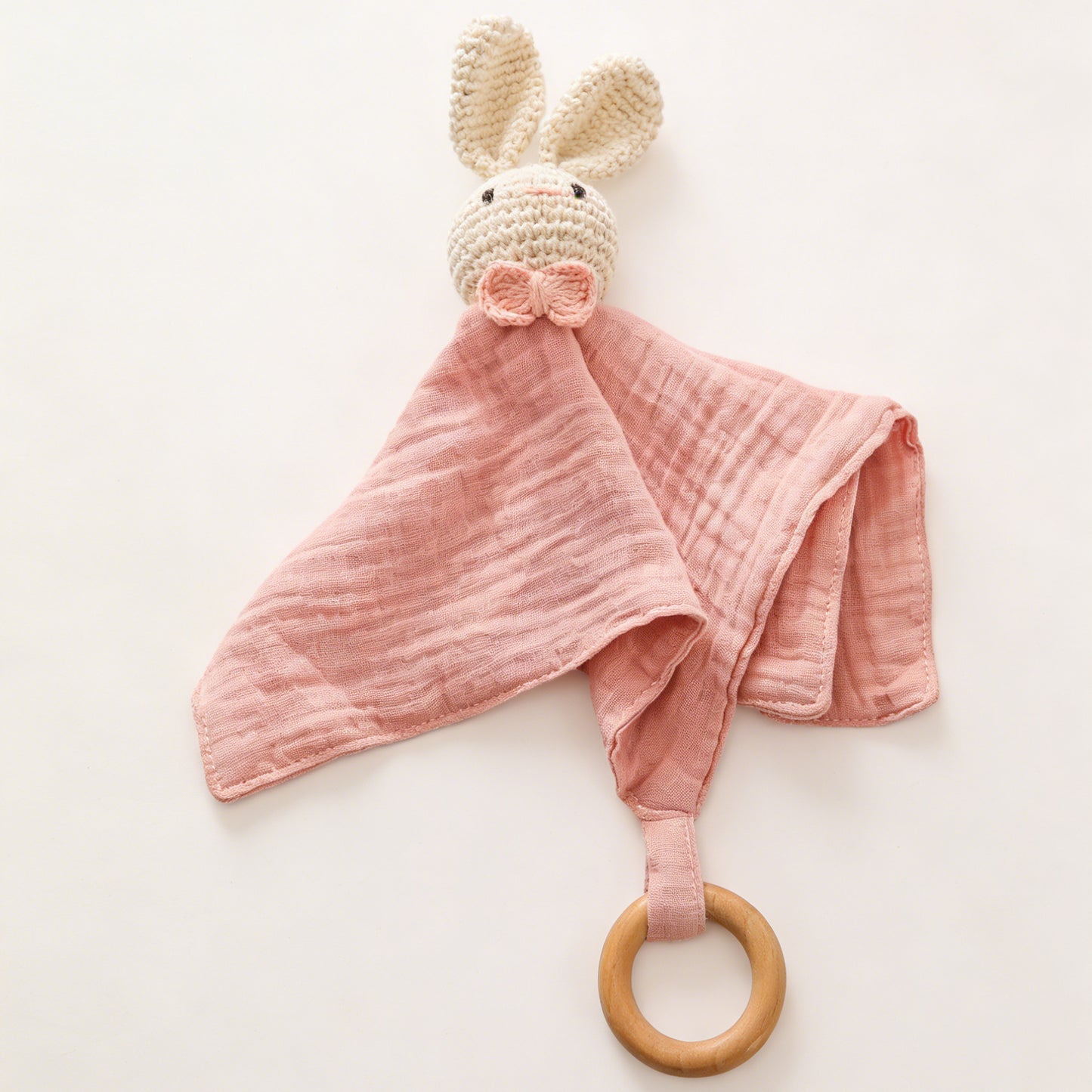 Jessruly® Doudou en mousseline de coton biologique – Couverture douce et réconfortante avec animal en crochet et anneau de dentition en bois, adorable jouet sensoriel et compagnon apaisant
