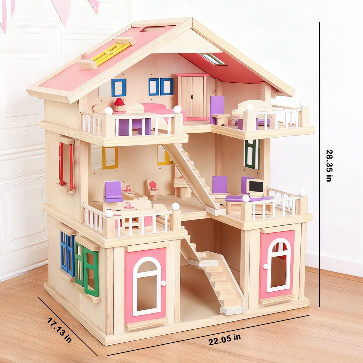 Jessruly® Dream House – Spacious 3-Story Wooden Dollhouse with Realistic Rooms & Furniture, Non-Toxic Water-Based Paint, Durable Beech Wood Construction