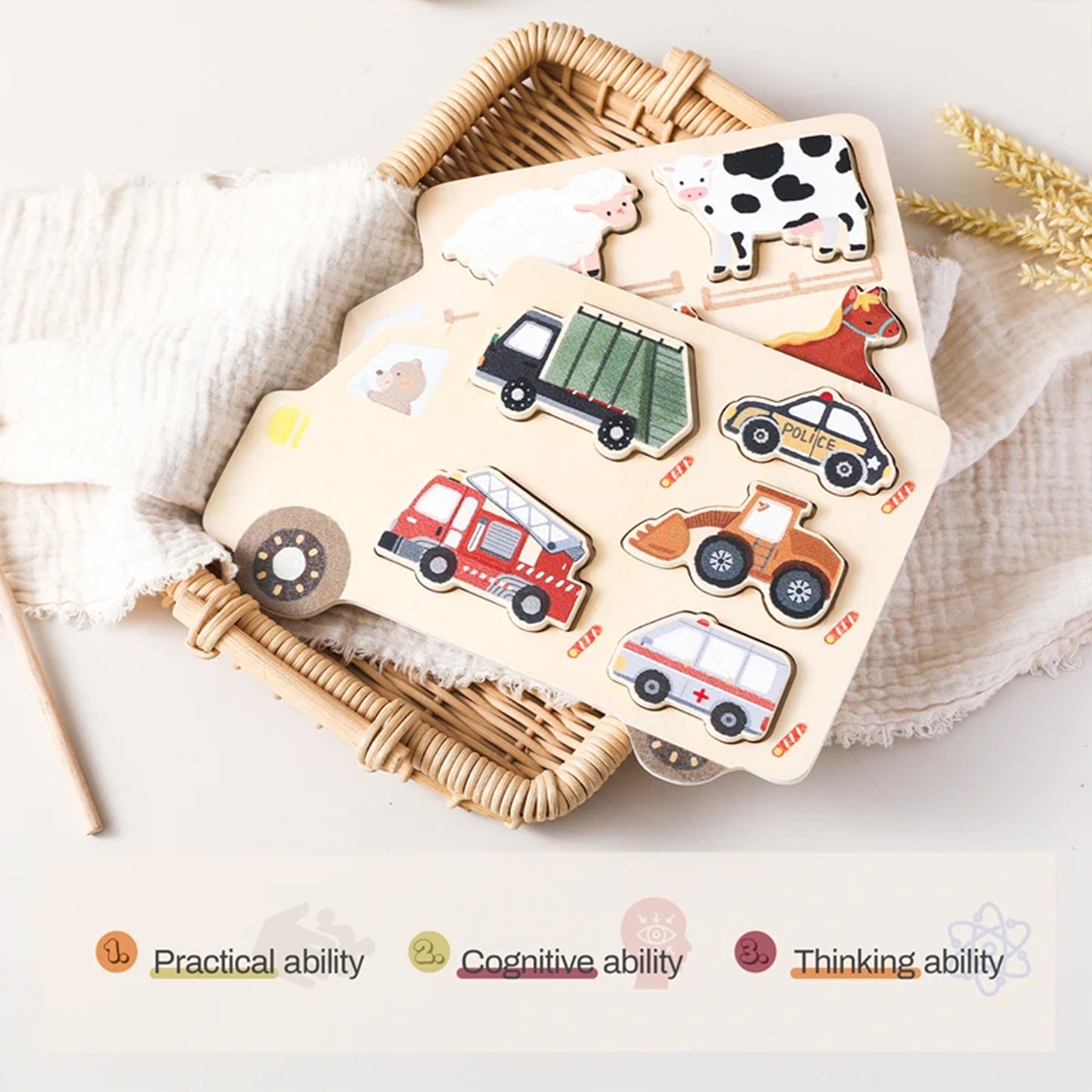 Jessruly® Wooden Vehicle Puzzle Set – Montessori-Inspired Learning Toy with Cars & Trucks, Early Cognitive Development Puzzle for Shape & Color Recognition