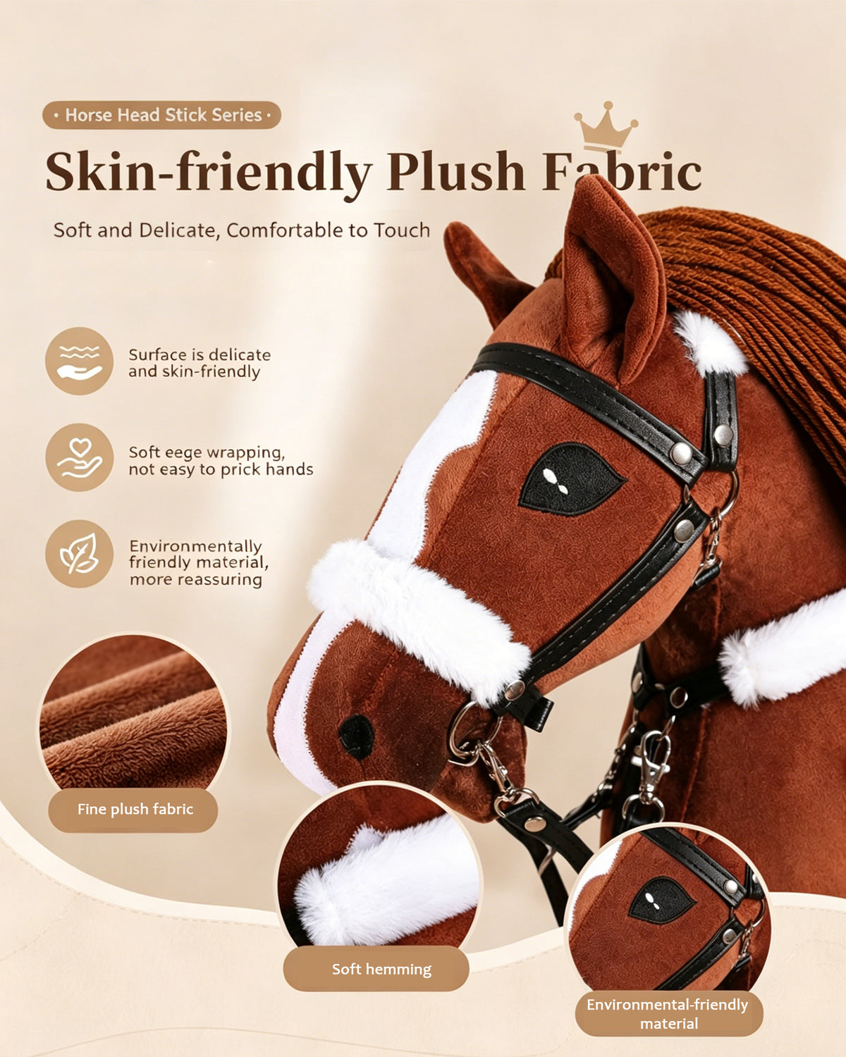 Jessruly® Stick Horse – Soft Plush Ride-On Toy with Beechwood Handle