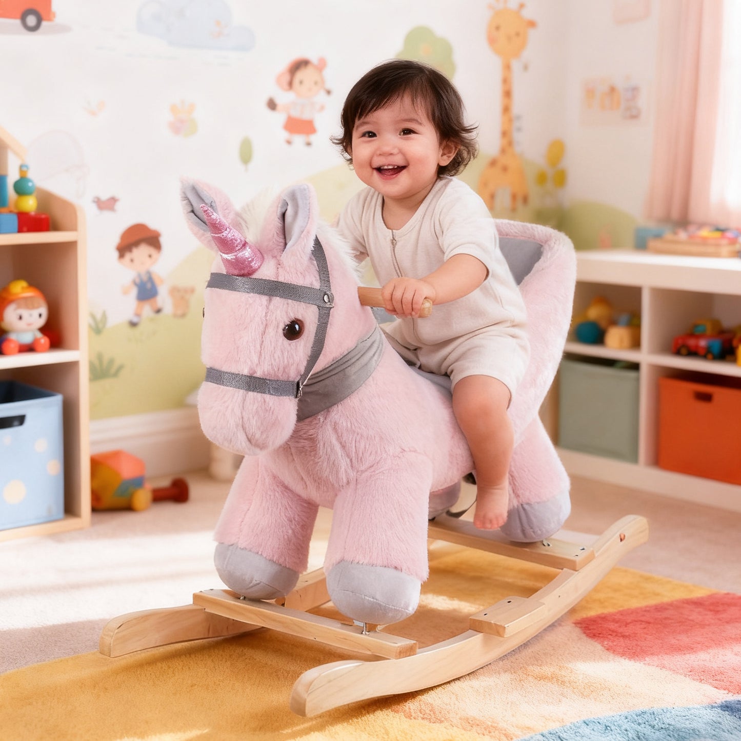 Jessruly® Cheval à Bascule Licorne Rose en Peluche – Siège Confortable avec Cadre en Bois, Design Licorne Magique pour Jeu Imaginatif