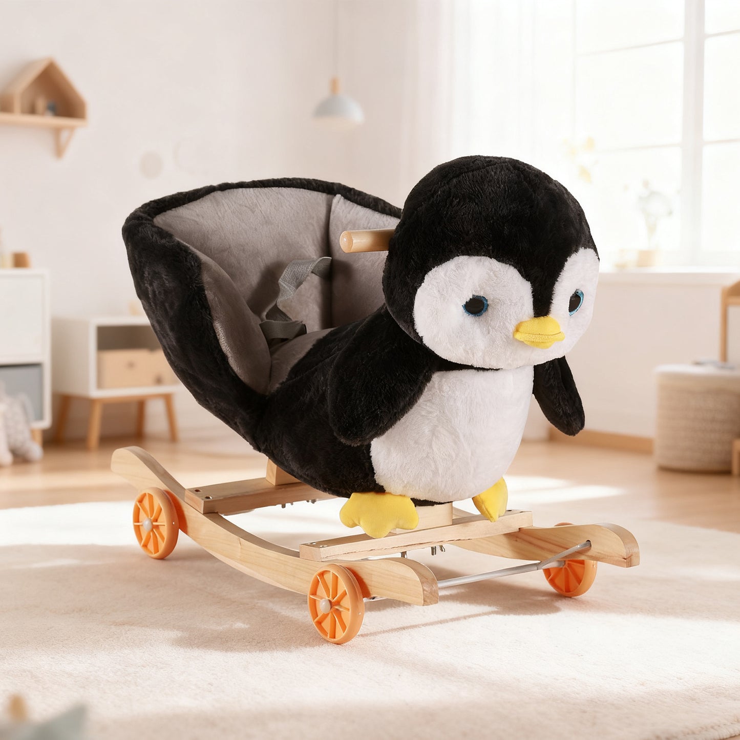 Jessruly® Cheval à Bascule en Peluche Pingouin – Bascule Douce à Chevaucher avec Cadre en Bois, Design Licorne Magique pour un Jeu Imaginatif
