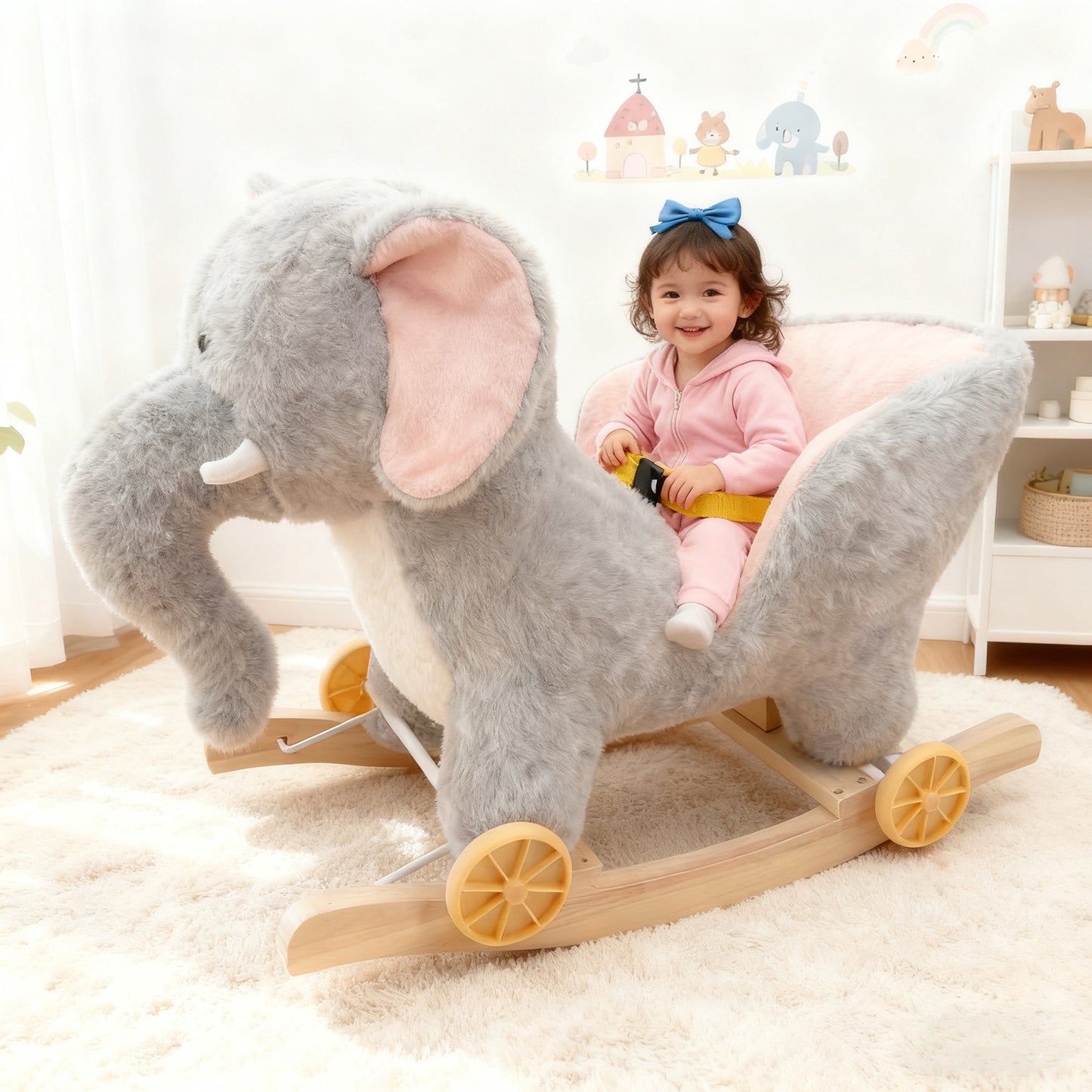 Jessruly® Cheval à Bascule Éléphant en Peluche – Jouet à Bascule Doux avec Cadre en Bois, Design Licorne Magique pour Jeu Imaginatif