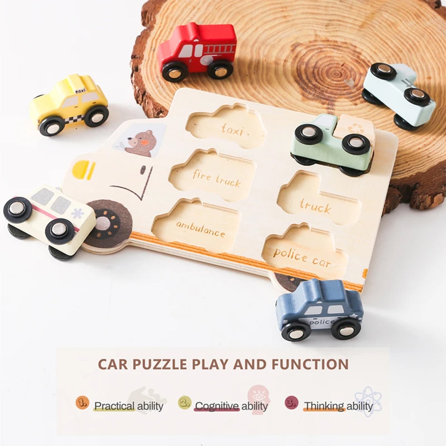 Jessruly® Wooden Vehicle Puzzle Set – Montessori-Inspired Learning Toy with Cars & Trucks, Early Cognitive Development Puzzle for Shape & Color Recognition