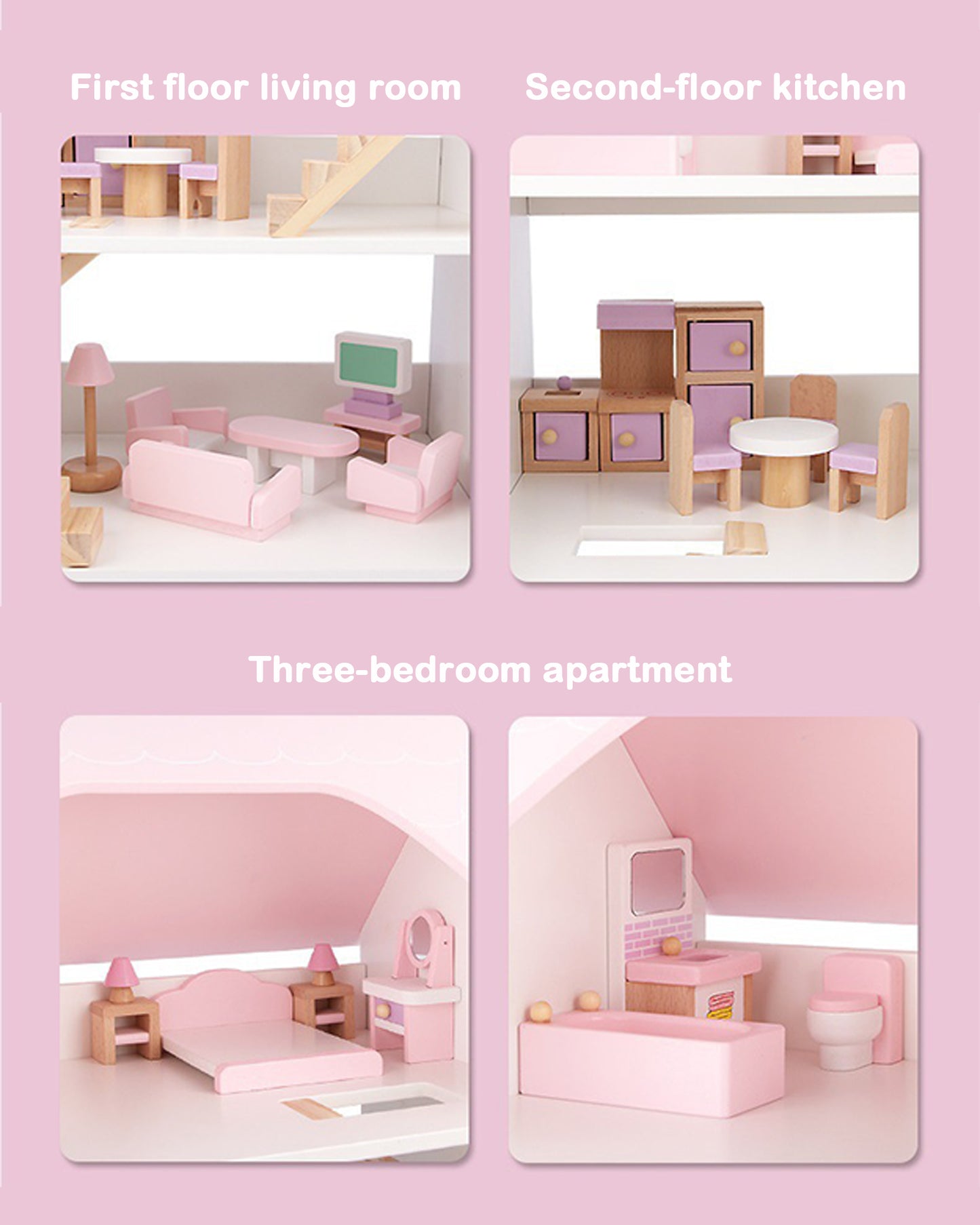 Jessruly® Wooden 3-Story Dollhouse – DIY Tiny House Playset with Multi-Room Layout, Imaginative Playhouse for Creative Storytelling & Pretend Play