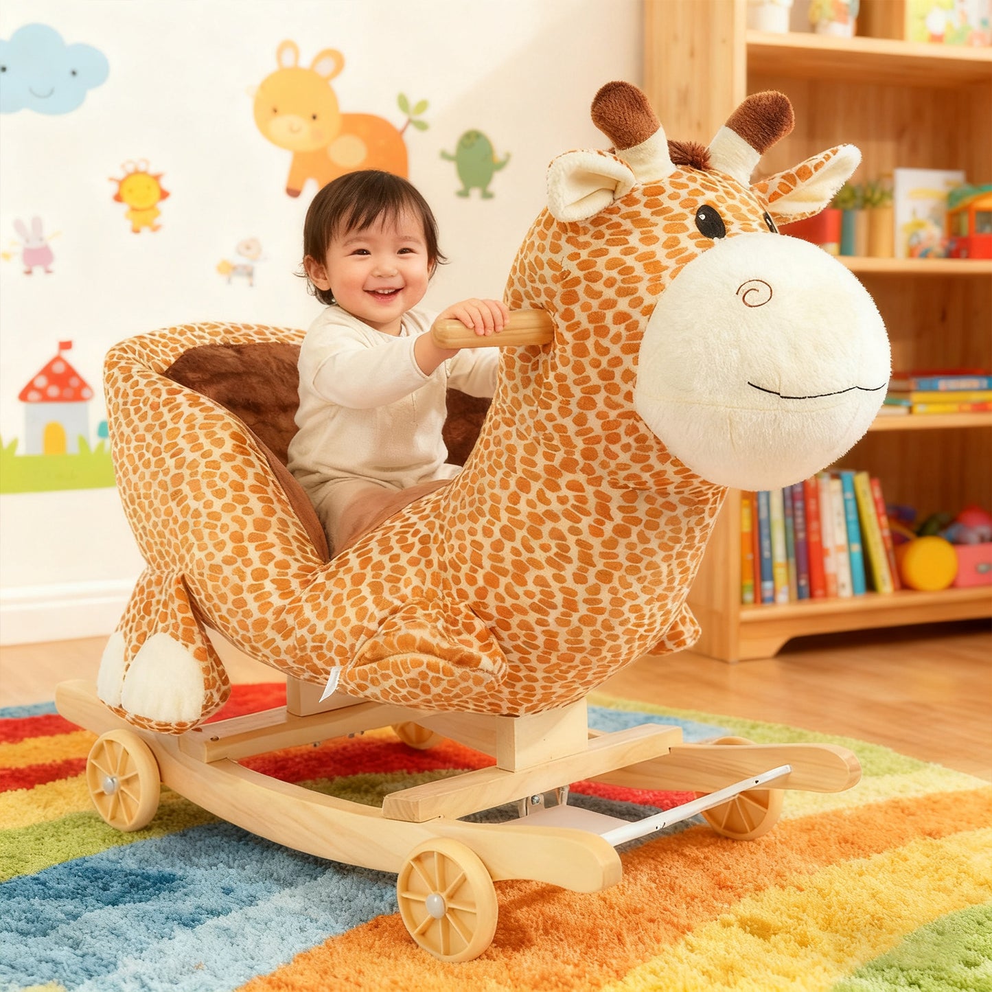 Jessruly® Girafe à bascule en peluche – Cheval à bascule doux avec cadre en bois, motif licorne magique pour un jeu imaginatif
