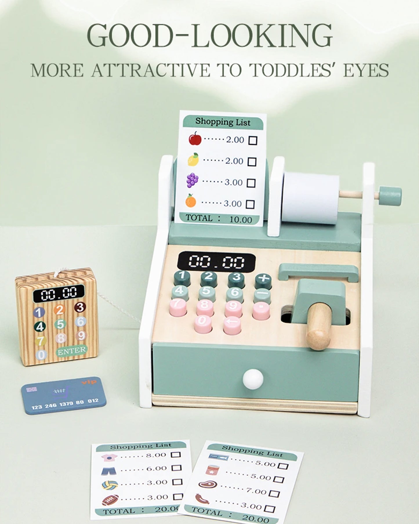 Jessruly® Wooden Cash Register Play Set – Pretend Checkout Counter with Scanner & Play Money, Educational Grocery Store Role-Play and Learning Toy