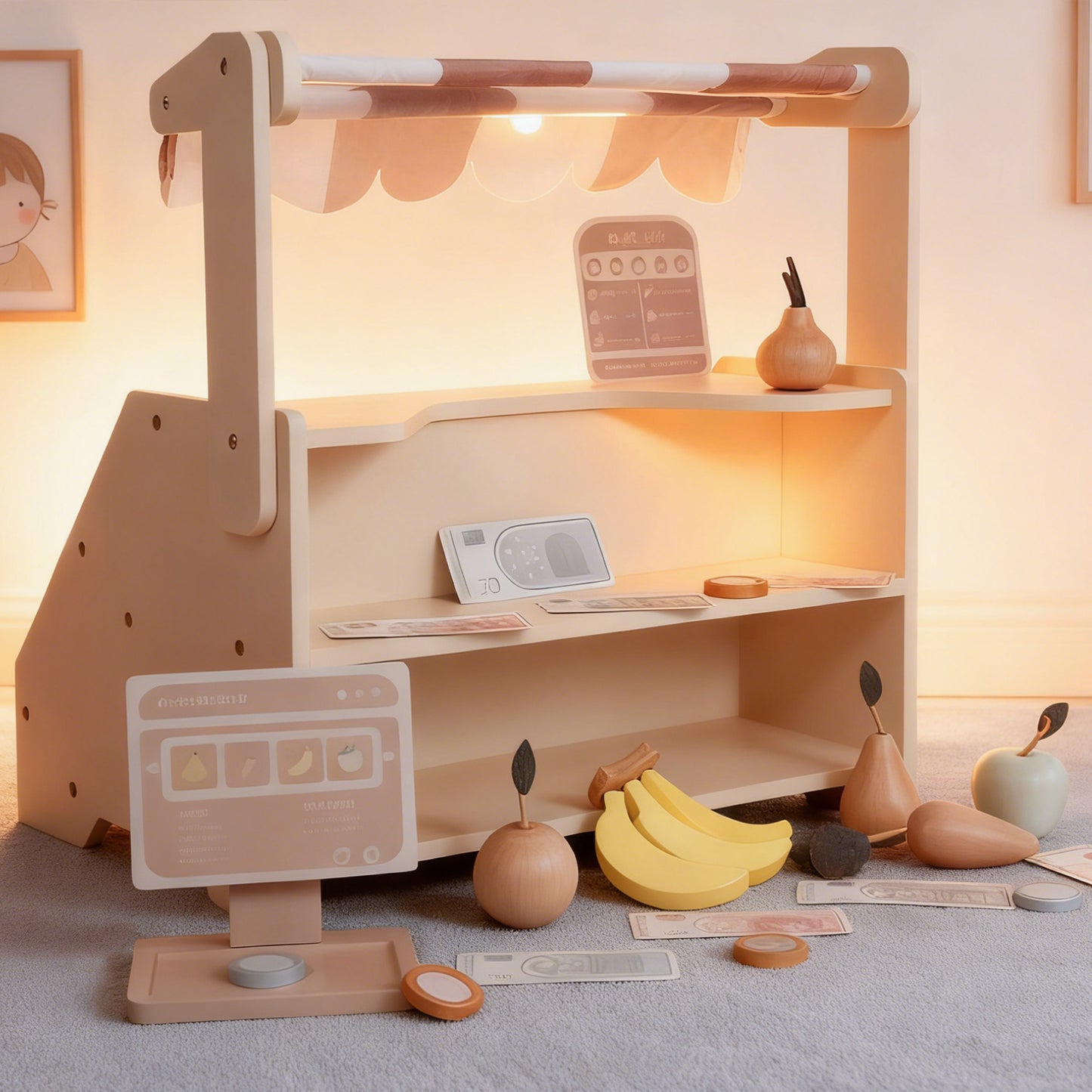 Jessruly® Grocery Store Pretend Play Set – Interactive Supermarket Playset with Wooden Fruits & Play Money, Compact 2-Tier Design for Imaginative Play