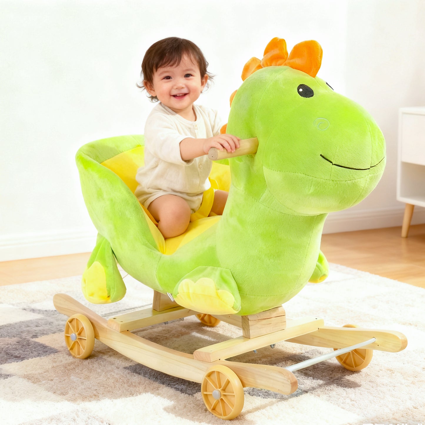 Cheval à Bascule Dinosaure en Peluche Jessruly® – Bascule Douce avec Cadre en Bois, Design Licorne Magique pour Jeu Imaginatif