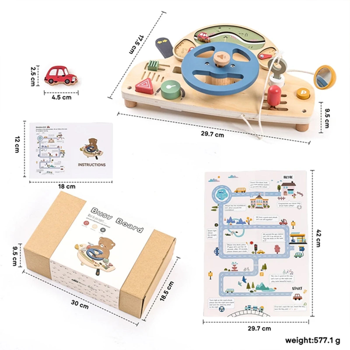 Jessruly® Montessori Busy Board – Wooden Steering Wheel Sensory Board with Push-Peel Fidget Elements
