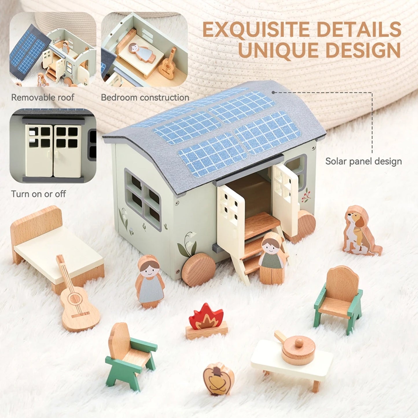 Jessruly® Ensemble de meubles en bois pour maison de poupée – Accessoires de maison de poupée de qualité supérieure avec design de véhicule de camping, ensemble de jeu créatif inspiré de Montessori pour des scènes imaginatives