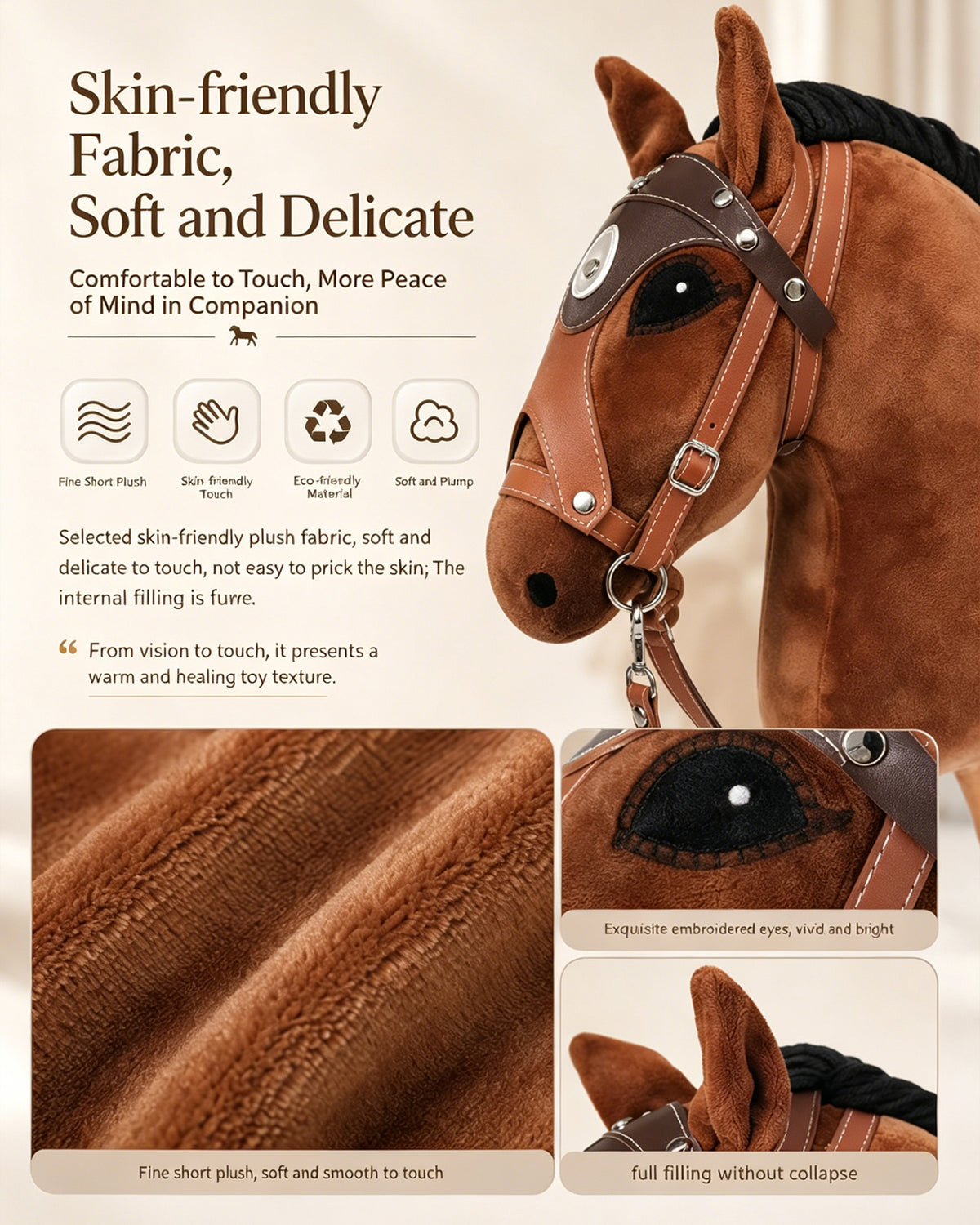 Jessruly® Stick Horse – Soft Plush Ride-On Toy with Beechwood Handle