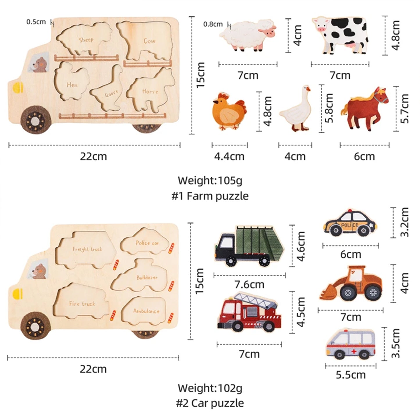 Jessruly® Wooden Vehicle Puzzle Set – Montessori-Inspired Learning Toy with Cars & Trucks, Early Cognitive Development Puzzle for Shape & Color Recognition